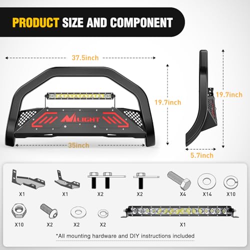 Image of Nilight Bull Bar with Light fits 2019-2024 Chevy Silverado 1500(Excl. 19 LTD Classic) & GMC Sierra 1500(Excl. 19 LTD Classic) Front Bumper Grille Brush Push Guard with Skid Plate Licence Plate Hole