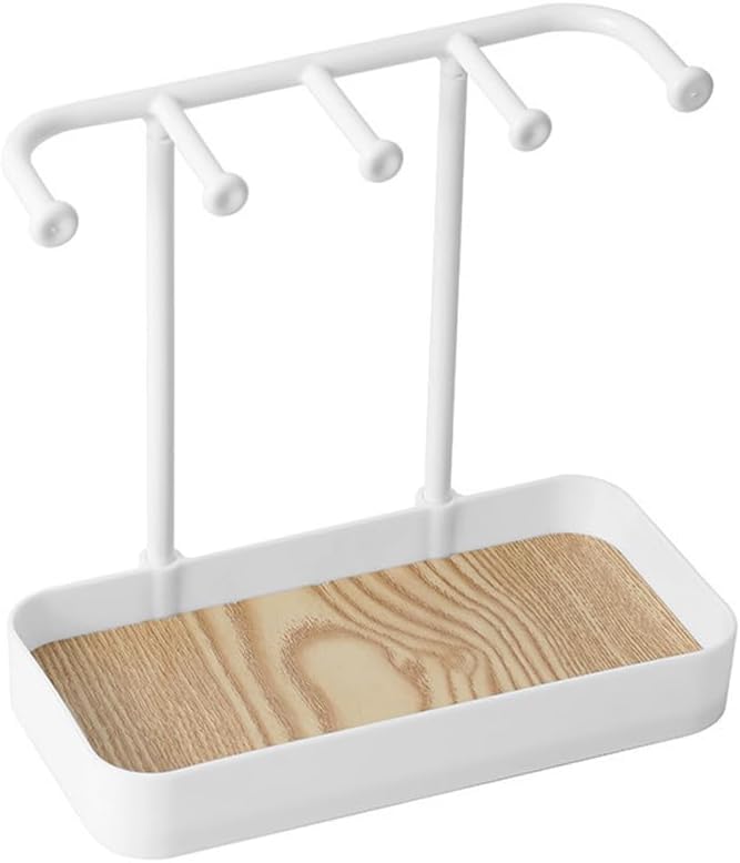 esowemsn 1PC White Desktop Jewelry Organizer Stand Earring Holder Keychain Bracelet Holder with Wooden Tray 5 Hooks Necklaces Hanging for Necklaces,Bracelets,Chains,Rings,Earrings,Keys