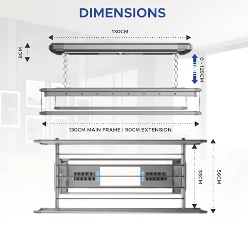 Image of KosmoCare Ultra Ceiling Mounted Electric Clothes Drying Rack|LED & UV Lights|Air & Heater Fans for Faster Drying|Smart Motorized Laundry|Clothes Hanger for Home & Balcony|Remote Control Drying Poles