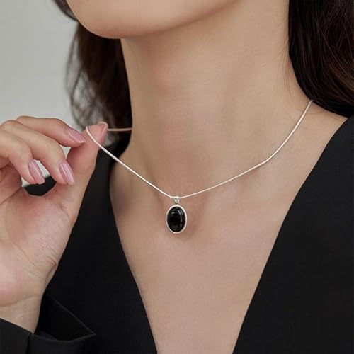 Boho Oval Onyx Pendant Necklace - Silver Zinc Onyx Stone - Women's Modern Choker2