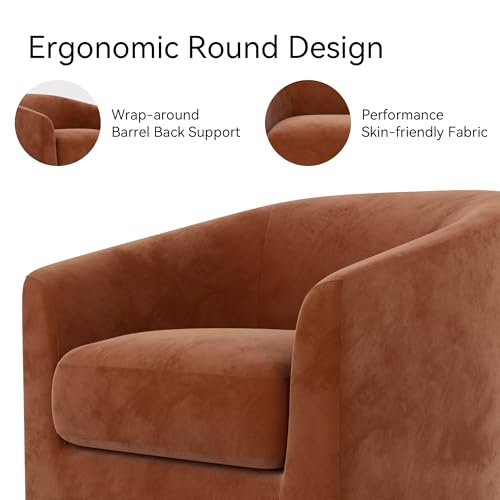 Image of Swivel Accent Chair, Upholstered Modern Barrel-Curved Arm Chair, Velvet Fabric Comfty Sofa Reading Chair with Solid Wood Base for Living Room, Bedroom, Club, Burnt Orange