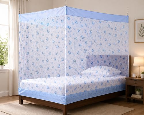 Image of ANS Single Bed Mosquito Net for Bed Floral Print with Cotton Border, Breathable Free Air Flow Mesh, Hanging Mosquito Net for Single Bed, 3.5 x 6.5 ft, Height 5 ft, Blue Floral