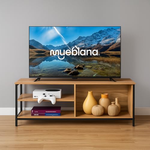 El Mejor Listado de Centro de Entretenimiento Con Repisas los 5 mejores. 45 MUEBLANA | Mesa para TV | Madera y Acero | Minimalista | Centro de Entretenimiento | Mueble Organizador Moderno | 3 repisas | Color Nogal