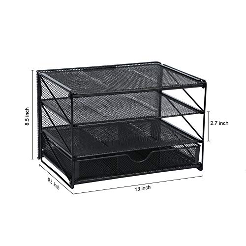 Veesun Paper Letter Tray Organizer, Mesh Desk File Organizer with 3 Tier Shelf Sorter with Drawer,Black - Thumbnail 7
