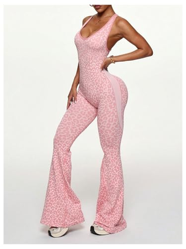 Image of Verdusa Women's Cheetah Print Workout Sets Yoga Jumpsuit Criss Cross Sleeveless Work Out Clothes Flared Pants Jumpsuits