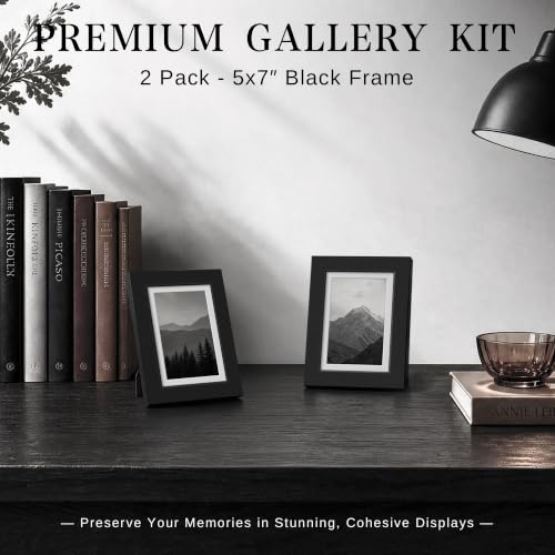 Image of VCK 5x7 Picture Frame with Real Glass, Black Wood Frame, 4x6 Mat, 2 Pack