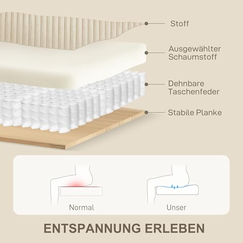 HOMCOM 3-Sitzer-Sofa, Couch mit Armlehnen, Zierkissen, Polstersofa mit Cordbezug, dick gepolstert, Loungesofa, bis 450 kg belastbar, für Wohnzimmer, Schlafzimmer, 212 x 80 x 88 cm, Cremeweiß – Bild 6