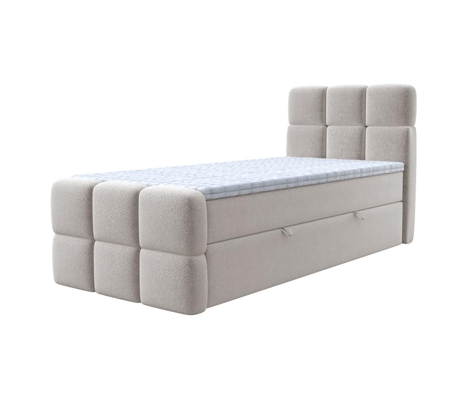 Boxspringbett SALA MINI mit Bettkasten, H3 Bonellfederkernmatratze und T25-Topper – kompaktes Einzelbett und modernes Polsterbett (Creme - Fredo 15, 100 x 200 cm)