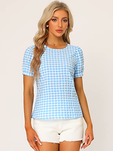 Allegra K Vintage Gingham Top for Women's Puff Short Sleeve Crew Neck Casual Check Shirt4