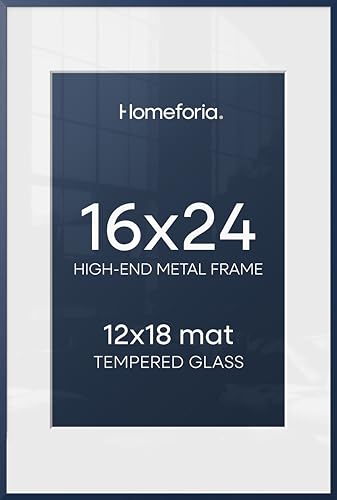 Image of Homeforia 16x24 Navy Blue Picture Frame, High End Metal 16x24 Poster Frames with Mat 12x18 inch Photo, 16 x 24 Navy Blue Frame Matted to 12 by 18 Print, 24x16 Frame, Tempered Glass, Wall Kit, Set of 1