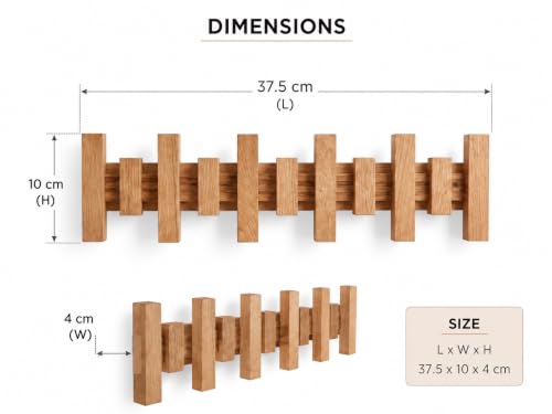 Image of Wooden Wall-Mounted Coat Rack with Multiple Hooks, Natural Wood Finish, Entryway Organiser