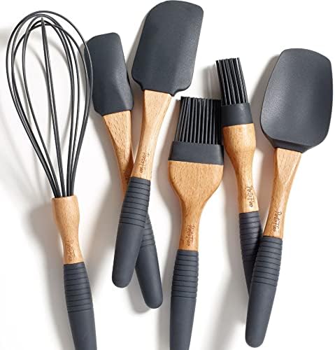 PortoFino Kitchen Utensils Set - Baking Utensils - 6 Pcs Silicone Cooking Utensils Set - Wooden Kitchen Utensil Set with 3 Silicone Spatula Set 2 Pastry Brush 1 Whisk - Silicone Kitchen Utensils Set