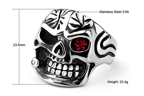Hijones Men's Stainless Steel Cigar Skull With Red Cz Eye Biker Ring Vintage Silver Band, Size 11 #TOP5