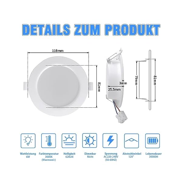 ETUOLMP Led Einbaustrahler Flach IP44 6W Led Einbauleuchten Warmweiß 6er Set… – Bild 3