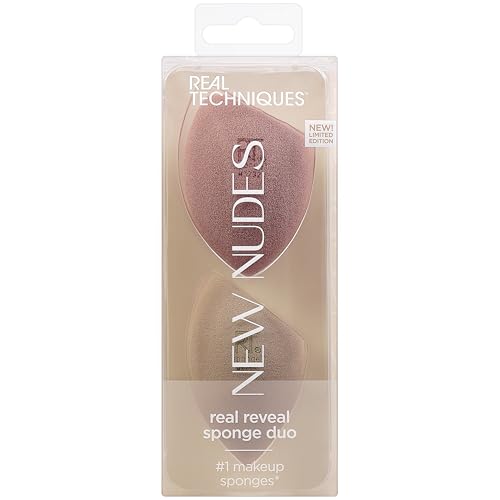 Real Techniques New Nudes Real Reveal Lot de 2 éponges de maquillage pour fond de teint, maquillage mat ou rosé, couvrance légère, moyenne ou complète, mousse sans...
