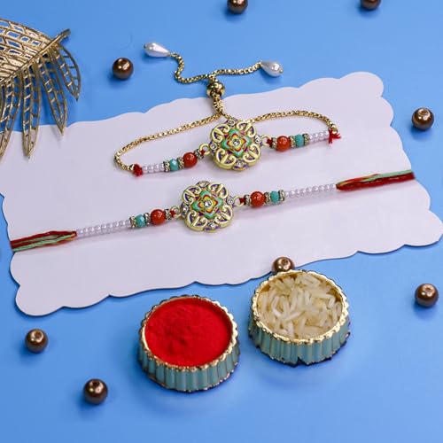 Image of Oblivion Rakhi Set for Brother and Bhabhi - Peacock with Feather Gift for Bhai & Lumba for Bhabhi with Silver Colour Coin and Greeting Card - Raksha Bandhan Combo