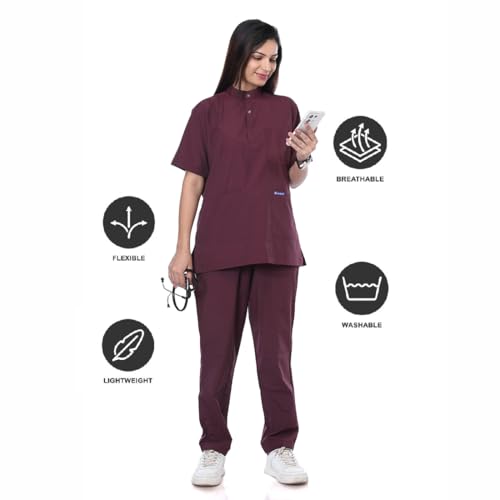 Image of Women 5-Pocket Scrub Suit | Set of Top & Pant | Half Sleeves | Mandarin Collar | Breathable Polyviscose Fabric | Comfortable | Durable | Uniform for Doctors Nurse & Dentist Wine L
