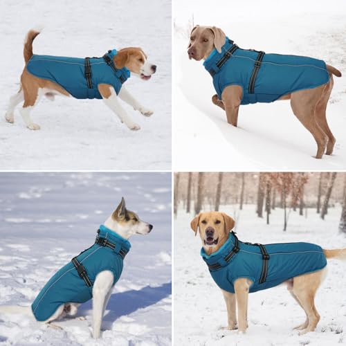 Lelepet Hundemantel für den Winter, Warme Hundejacke mit integriertem Geschirr, Winddicht Mantel mit Fleece Gefüttert für Hunde, Reflektierende Hundeweste für Kaltes Wetter, Blau XL