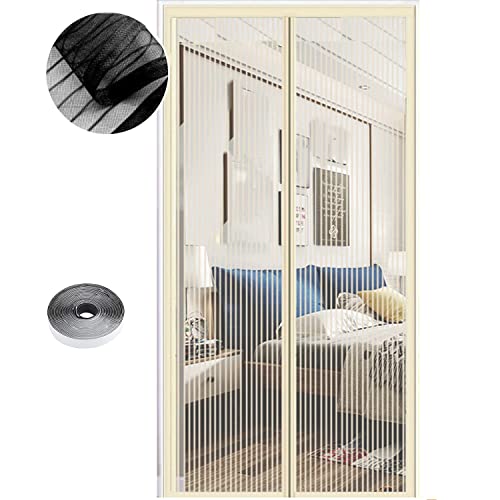 Fliegengitter Tür Magnet Insektenschutz, Verschiedene Größen, 200 x 240cm, Magnetvorhang ist Ideal für Balkontür Wohnzimmer und Terrassentür, Kinderleichte Klebemontage Ohne Bohren, Beige Streifen