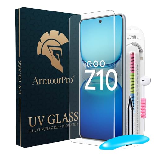 Image of ArmourPro UV Glue Tempered Glass for IQOO Z10 Curved Screen Protector, 9H Anti Scratch, Edge-to-Edge Coverage, HD Clarity, Easy UV Kit with Cable Protector