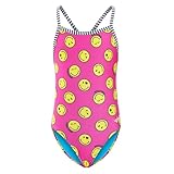 Dolfin Uglies X SmileyWorld Girl's One Piece Swimsuit -Athletic Practice Suit with Criss-Cross Straps (All Smiles, 12)