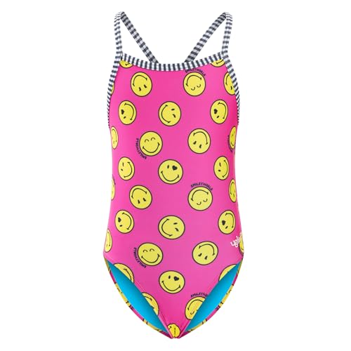 Dolfin Uglies X SmileyWorld Girl's One Piece Swimsuit -Athletic Practice Suit with Criss-Cross Straps (All Smiles, 12)