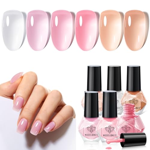 modelones Jelly Nail Polish, Summer 6 Colors Sheer Nude Pink Milky White Neutral Nude Nail polish Set Long Lasting Quick Dry Transparent Manicure DIY Nail Art Salon Home Gift for Women Girl