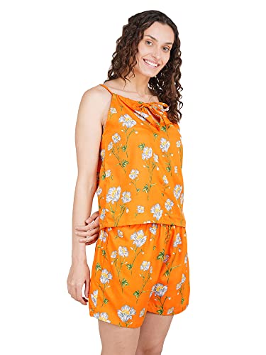Image of Women's American Crepe Floral Orange Night Suit Set of Top & Shorts