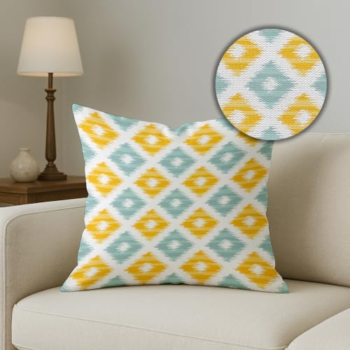 STITCHNEST Set of 5 Polycotton Cushion Covers – 12x12 Inches – Yellow & Aqua Ikat-Inspired Geometric Print – Vibrant Cushion Covers for Sofa, Couch & Living Room Decor