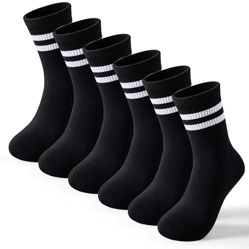 Image of BISOUSOX Unisex Kids Boys Girls Children Striped Socks Cotton Breathable Crew Athletic School Sports Trainer Tennis Socks 6 Pairs Gifts for Kids Ideal for Back to School