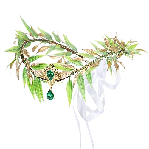 Coroncina Fiori Bambina, Ghirlanda Fiori Artificiali Corona Fiori Coroncina Sposa con Nastro, Elfo Corona di Fiori per Capelli Boho Coroncine Fiori per Halloween, Matrimonio, Festa (Foglie verdi)