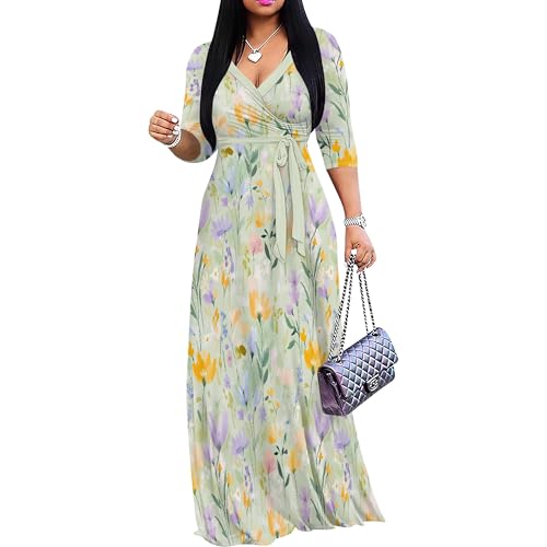 Image of PinkPatty Plus Size Maxi Dress for Women Casual V Neck 3 /4 Sleeve Boho Printed Long Dress with Pockets