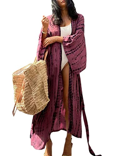 Image of Bsubseach Stylish Tie Dye Open Front Long Kimono Swimsuit Coverup for Women