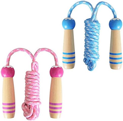 2 Pcs Jumping Rope for Kids, Lorvain Adjustable Skipping Ropes with Wooden Handle Cotton Braided for Boys Girls Jumping Ropes, for Children Students Outdoor Exercise (Blue+Pink)