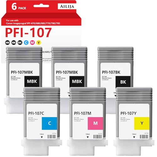 Ailija PFI-107 Compatible for PFI-107MBK PFI-107BK PFI-107C PFI-107M PFI-107Y Ink Cartridge for imagePROGRAF iPF-670/680/685/770/780/785 (130ml Pigment Ink, 6Pack)