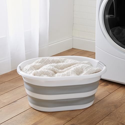 Image of Laundry 360 Collapsible Laundry Basket | Portable | Space Saver Storage | 27 Liter Capacity | Store Under the Bed or Closet | Good for Kids | Dorm | Bedroom | Large | White /Grey