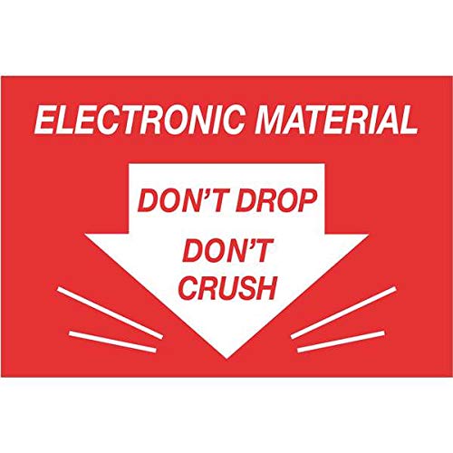 Tape Logic Aviditi Tape Logic - Calcomanía de advertencia roja y blanca con texto en inglés "Don't Drop Don't Crush Electronic Material", para