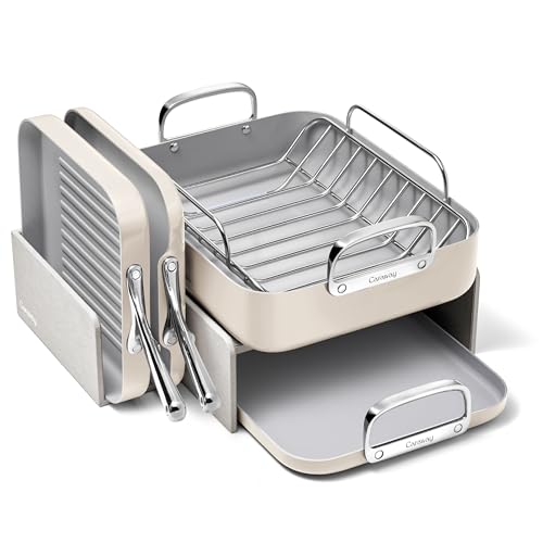 Image of Caraway Square Cookware Set - Square Pans Set - Perfect for Griddling, Toasting, Searing, Roasting, and More - Non-Stick Ceramic Coated Pans - Non Toxic, PTFE & PFOA Free - Cream