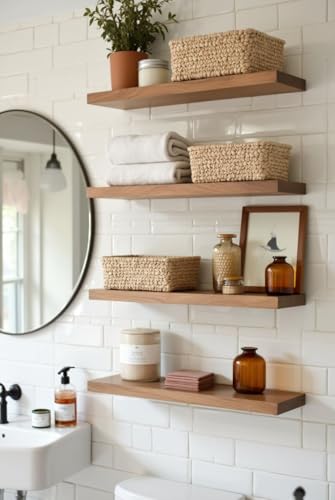 Image of Solid Wood Floating Wall Shelves Set of | Rustic Wooden Display Shelves for Living Room, Bedroom, Kitchen & Bathroom | Heavy Duty Wall Mounted Shelves (20 inches, 4 Shelves)