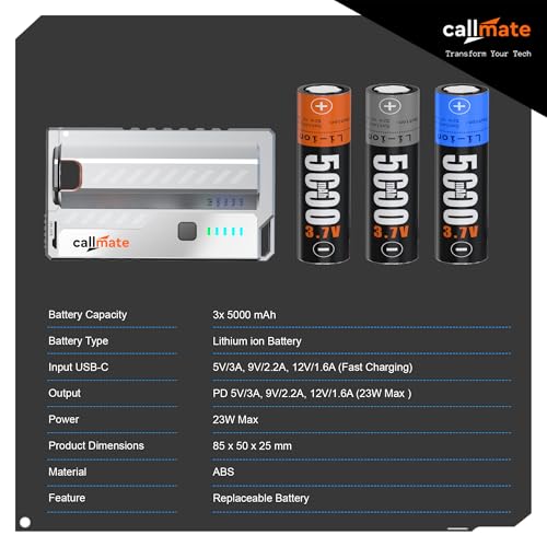 Image of Callmate Shotgun 23W PD Fast Charging 15000mAh Power Bank with USB-C PD Output, Lightweight & Portable, Replaceable Cells with 3X 5000mAh for Smartphone (Lithium-Ion, 3X 5000mAh)