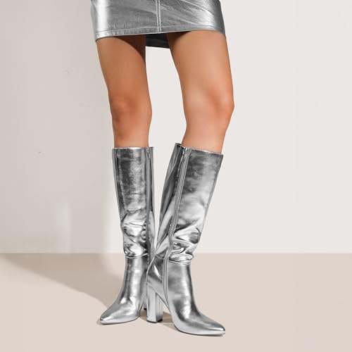 DREAM PAIRS Knee High Boots Women Chunky Heel Pointed Toe Tall Boots for Women Side Zipper Long Boots,Size 9,Metallic Silver,SDKB2406W