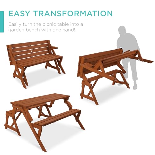 Image of Best Choice Products 2-in-1 Transforming Interchangeable Outdoor Wooden Picnic Table Garden Bench for Backyard, Porch, Patio, Deck w /Umbrella Hole - Acorn