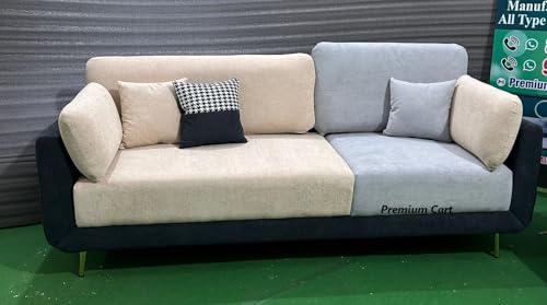 Image of Velvet Contemperory Sofa with Cushion Chaise Lounge Sectional Sofa Perfect for Living Room & Bedroom Guests Home & Office (Bucle Grey & Beige, Three Seater)