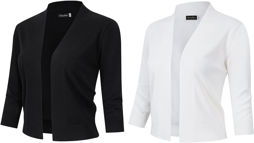 GloryStar Women s 3/4 Sleeve Cropped Cardigan Sweaters Open Front Knit Short Bolero Shrugs Black+White XL