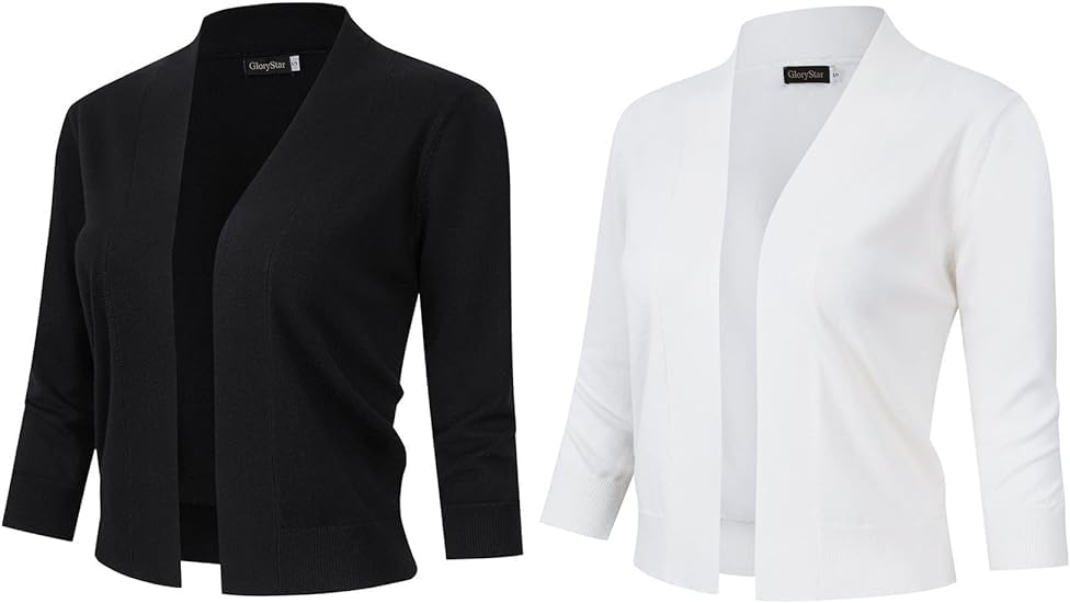 Image of GloryStar Women s 3 /4 Sleeve Cropped Cardigan Sweaters Open Front Knit Short Bolero Shrugs Black+White XL