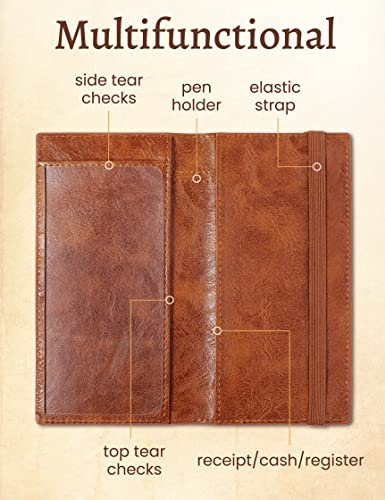 Image of Yarnic Checkbook Cover for Personal Checkbook Holder with Pen Holder | Check Book Covers & Built-in Clear Plastic Divider for Duplicate Checks (Brown)
