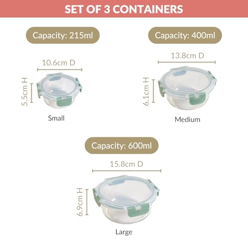 Image of Nestasia Nestro Airtight Glass Containers with Lid Set of 3 (215ml, 400ml, 600ml) | Spill Proof Round Glass Containers with Break Free Lock - Microwave, Dishwasher & Freezer Safe (Green)