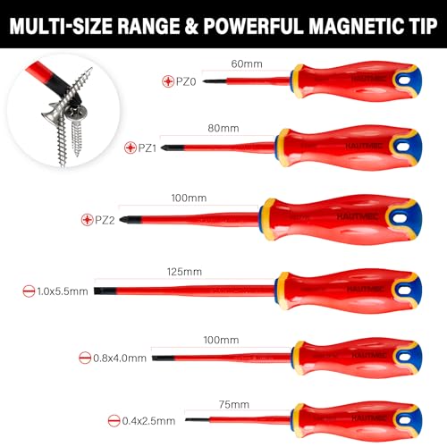 Image of HAUTMEC Insulated Screwdriver Set, 6-Piece Electrician Screwdriver Set, VDE & GS Certified 1000V, with S2 Steel Magnetic Tips and Tri-Material Handles for Professional Electrical Work, HT0331
