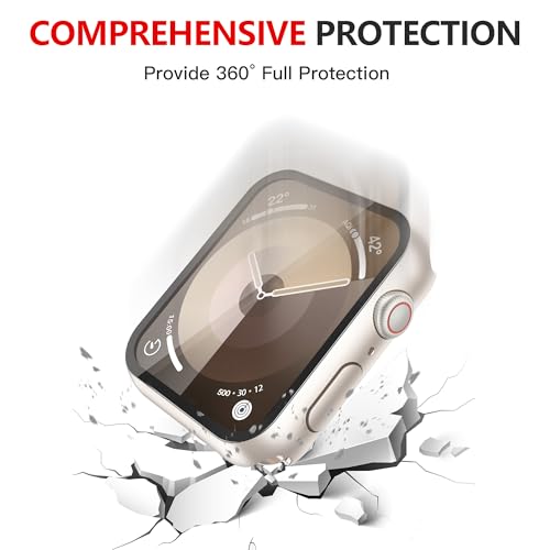 Image of Misxi [2 Pack Waterproof Anti-Scratch Case with Button for Apple Watch Series 9 Series 8 Series 7 41mm, Hard PC Cover with Tempered Glass Screen Protector for iWatch, Starlight