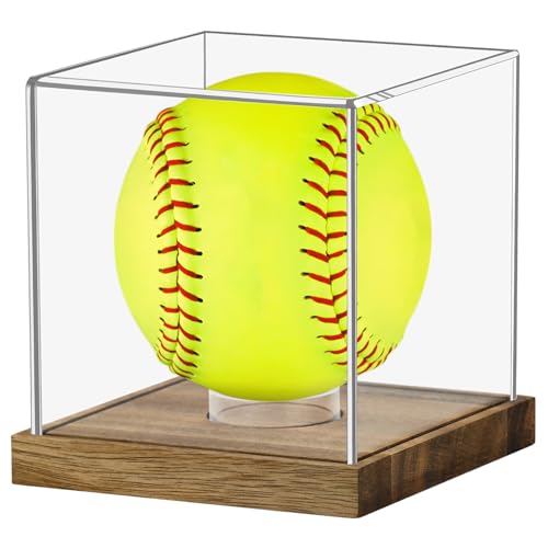 Image of Clear Acrylic Softball Display Case with Wood Base, Memorabilia Stand Cube Holder, Dust Protection Transparent Storage Box for Single Ball Souvenir Softball Collections